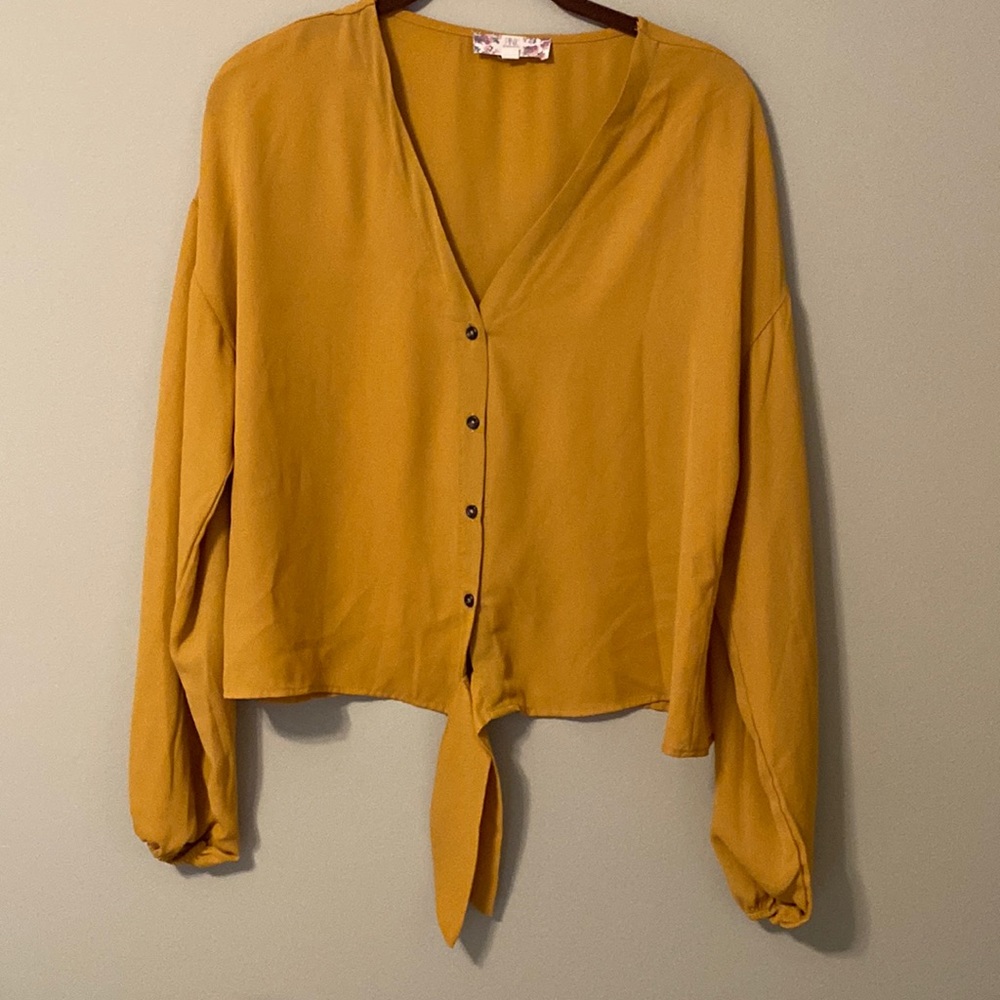 Button down blouse with tie bottom, Mustard color, Size L